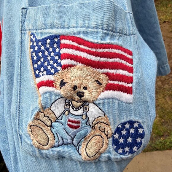 Vintage Northern Reflections Denim Teddy Flag Button Shirt - Picture 3 of 8